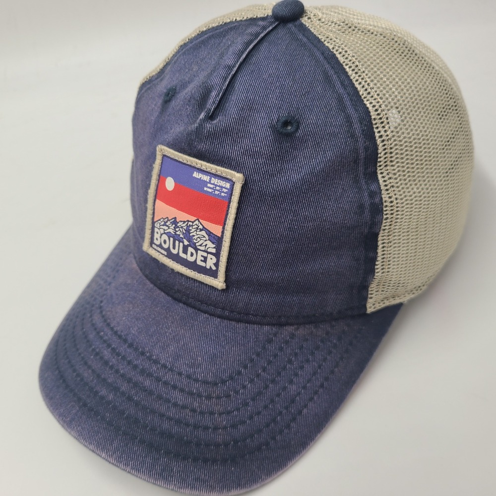 Boulder Colorado Hat Snapback Trucker Mesh Alpine Design Blue Beige Mountain Men